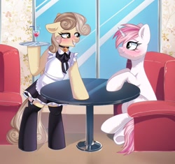 Size: 1746x1638 | Tagged: safe, artist:freyamilk, imported from derpibooru, oc, oc only, oc:peach blossom, oc:sweet irony, pony, apron, bipedal, clothes, drink, duo, duo female, female, floppy ears, grin, lesbian, looking at each other, looking at someone, maid, mare, serving tray, smiling, smiling at each other, socks, stockings, table, thigh highs, waitress