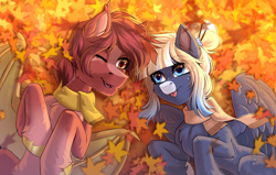 Size: 4500x2857 | Tagged: safe, artist:hakaina, imported from derpibooru, oc, oc only, oc:kimono silk, oc:meteor glow, bat pony, pegasus, autumn, bat pony oc, bat wings, blaze (coat marking), clothes, coat markings, couple, cute, facial markings, fangs, female, gradient mane, leaves, lying down, male, mare, one eye closed, pegasus oc, prone, scarf, shipping, stallion, tongue out, unshorn fetlocks, wings