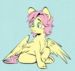 Size: 1280x1211 | Tagged: safe, artist:chub-wub, imported from derpibooru, fluttershy, pegasus, pony, alternate hairstyle, blue background, cute, g4, nonbinary, raised hoof, short hair, shyabetes, simple background, sitting, solo