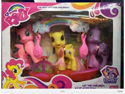 Size: 1024x768 | Tagged: safe, imported from derpibooru, pinkie pie, spike, twilight sparkle, alicorn, dragon, earth pony, pegasus, pony, ages 3+, alternate coat color, bootleg, brush, female, g3.5, g4, hairclip, headband, mare, my pretty pony (bootleg), photo, rainbow, sitting, stock vector, toy, twilight sparkle (alicorn), wall eyed