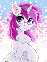 Size: 1900x2500 | Tagged: safe, artist:hakaina, imported from derpibooru, oc, oc only, pony, unicorn, abstract background, belly, chest fluff, colored, concave belly, ear fluff, eyebrows, eyebrows visible through hair, eyelashes, fluffy, frown, glasses, high res, horn, leg fluff, looking at you, quadrupedal, raised hoof, shading, signature, sitting, slim, solo, thin, three quarter view, unicorn oc, unshorn fetlocks, white coat
