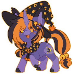 Size: 499x505 | Tagged: safe, artist:wytchwoods, imported from derpibooru, oc, oc only, oc:hocus pocus, pony, unicorn, >:3, blaze (coat marking), coat markings, colored eartips, colored hooves, curved horn, cute, cute little fangs, ear fluff, ear tufts, facial markings, fangs, freckles, golden eyes, hat, horn, jingle bells, raised hoof, simple background, socks (coat markings), solo, standing, transparent background, unicorn oc, witch hat