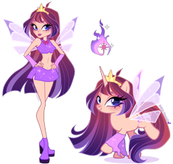 Size: 2820x2664 | Tagged: safe, artist:gihhbloonde, imported from derpibooru, twilight sparkle, human, pony, unicorn, equestria girls, ahoge, arm warmers, bare midriff, belly button, bloom (winx club), blue eyes, boots, closed mouth, clothes, crossover fusion, crown, fairy wings, female, fusion, fusion:twilight sparkle, g4, gradient hair, gradient mane, gradient tail, hand on hip, high heel boots, high heels, jewelry, lightly watermarked, lipstick, long hair, long mane, looking at you, mare, raised hoof, regalia, self paradox, self ponidox, shoes, simple background, skirt, smiling, sparkly, sparkly wings, standing, tail, tiara, transparent background, watermark, wings, winx club