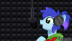 Size: 1920x1080 | Tagged: safe, artist:tcgamebot, imported from derpibooru, oc, oc only, oc:sunrise heaven, earth pony, pony, argentina, clothes, female, headphones, microphone, open mouth, recording studio, resistencia brony, smiling, solo, studio