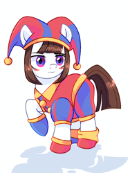 Size: 1536x2048 | Tagged: safe, artist:diniarvegafinahar, imported from derpibooru, earth pony, pony, blush sticker, blushing, eye clipping through hair, female, hat, hoof shoes, jester, jester hat, jester outfit, mare, pomni, ponified, raised hoof, shadow, simple background, solo, the amazing digital circus, white background