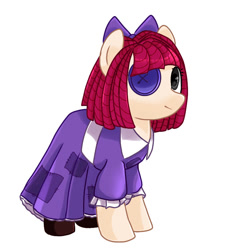 Size: 740x804 | Tagged: safe, artist:diniarvegafinahar, imported from derpibooru, doll pony, earth pony, original species, pony, bow, button eyes, clothes, doll, dress, female, hair bow, mare, mismatched eyes, patch, ponified, ragatha, ragdoll, simple background, solo, the amazing digital circus, toy, white background