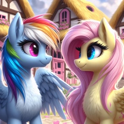 Size: 1024x1024 | Tagged: safe, imported from ponybooru, fluttershy, rainbow dash, pegasus, pony, ai content, ai generated, bing, chest fluff, ear fluff, ears, feather in hair, female, flutterdash, lesbian, looking at each other, mare, partially open wings, ponyville, shipping, smiling, smiling at each other