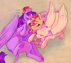 Size: 1700x1500 | Tagged: safe, artist:abbytabbys, imported from derpibooru, fluttershy, sunset shimmer, twilight sparkle, alicorn, pegasus, pony, unicorn, blushing, cuddling, eyes closed, female, heart, hug, leonine tail, lesbian, lying down, open mouth, pink background, simple background, sleeping, smiling, tail, trio, trio female, twilight sparkle (alicorn)