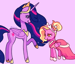 Size: 1170x1000 | Tagged: safe, artist:risswm, imported from derpibooru, luster dawn, twilight sparkle, alicorn, pony, alicornified, butt, clothes, concave belly, crown, dress, duo, ethereal mane, ethereal tail, folded wings, height difference, hoof shoes, horn, jewelry, long horn, long legs, long mane, long tail, looking at each other, looking at someone, lustercorn, peytral, pink background, plot, princess shoes, race swap, raised hoof, regalia, simple background, slim, smiling, starry mane, starry tail, tail, tall, thin, tiara, twilight sparkle (alicorn), wings