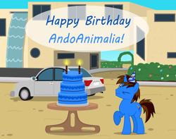 Size: 11000x8653 | Tagged: safe, artist:creedyboy124, imported from derpibooru, oc, oc only, oc:andrew, pony, unicorn, cake, car, food, happy birthday, hat, male, party hat, solo, table