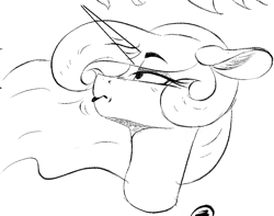 Size: 1321x1041 | Tagged: safe, artist:to_fat_to_fly, princess celestia, alicorn, pony, bust, ear fluff, eyebrows visible through hair, female, horn, lidded eyes, lipstick, mare, monochrome, portrait, profile, solo