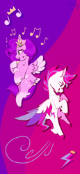 Size: 946x2048 | Tagged: safe, artist:k1ttygam3r, imported from derpibooru, pipp petals, zipp storm, pegasus, duo, female, flying, g5, music notes, royal sisters (g5), siblings, sisters, smiling, spread wings, vertical, wings