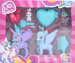 Size: 588x498 | Tagged: safe, imported from derpibooru, fluttershy, pinkie pie, princess celestia, princess luna, rainbow dash, spike, alicorn, butterfly, dragon, earth pony, pegasus, pony, rabbit, ages 3+, animal, bootleg, bowtie, choking hazard, comb, female, fun lovely horse, hairband, jewelry, mare, necklace, photo, stock vector, stolen art, stolen fanart, tiara, toy