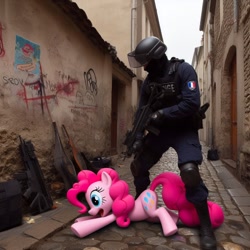 Size: 1024x1024 | Tagged: prompter needed, safe, imported from derpibooru, pinkie pie, earth pony, human, pony, ai content, ai generated, alley, arrest, boots, clothes, cobblestone street, female, france, generator:bing image creator, generator:dall-e 3, gun, helmet, irl, mare, photo, police, police officer, police uniform, ponies in real life, rifle, shoes, weapon