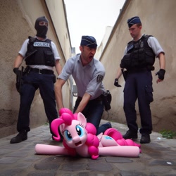 Size: 1024x1024 | Tagged: prompter needed, safe, imported from derpibooru, pinkie pie, earth pony, human, pony, ai content, ai generated, alley, arrest, clothes, cobblestone street, cuffs, female, france, generator:bing image creator, generator:dall-e 3, handcuffed, irl, mare, photo, police, police officer, police uniform, ponies in real life