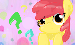 Size: 854x512 | Tagged: safe, artist:naginiko, imported from derpibooru, apple bloom, earth pony, pony, female, filly, foal, question mark, solo