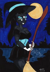 Size: 2074x2985 | Tagged: safe, artist:newyorkx3, imported from derpibooru, oc, oc only, oc:sally, anthro, broom, halloween, holiday, moon, night, solo, traditional art, witch costume