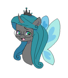 Size: 342x388 | Tagged: safe, artist:fluttr3, idw, imported from derpibooru, queen chrysalis, changeling, changeling queen, bust, female, glasses, looking at you, mirror universe, open mouth, reversalis, simple background, smiling, solo, white background