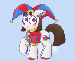 Size: 2034x1668 | Tagged: safe, artist:msaniiart, imported from derpibooru, earth pony, pony, blue background, blush sticker, blushing, butt fluff, cheek fluff, colored hooves, digital art, ear fluff, female, floppy ears, hat, hock fluff, jester, jester hat, leg fluff, looking at you, mare, pomni, ponified, raised hoof, signature, simple background, solo, the amazing digital circus, three quarter view, unshorn fetlocks, wavy mouth