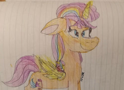 Size: 749x546 | Tagged: safe, artist:starrscout-23, imported from derpibooru, sunny starscout, alicorn, pony, 2022, artificial alicorn, artificial horn, artificial wings, augmented, female, g5, glowing, glowing horn, glowing wings, happy, horn, lined paper, long nose, mane stripe sunny, mare, old art, race swap, signature, sunnycorn, traditional art, wings