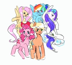 Size: 533x480 | Tagged: safe, artist:fluttr3, imported from derpibooru, applejack, fluttershy, pinkie pie, rainbow dash, rarity, earth pony, pegasus, pony, unicorn, magical mystery cure, :p, alternate hairstyle, alternate universe, bandage, cloud, clown, clown nose, flying, group, on a cloud, red nose, simple background, sitting, sitting on a cloud, smiling, swapped cutie marks, tongue out, white background