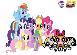 Size: 3500x2500 | Tagged: safe, artist:mlpfan3991, imported from derpibooru, applejack, fluttershy, pinkie pie, rainbow dash, rarity, spike, twilight sparkle, alicorn, dragon, earth pony, human, pegasus, pony, unicorn, applejack's hat, blossom (powerpuff girls), bow, bubbles (powerpuff girls), buttercup (powerpuff girls), cowboy hat, female, g4, group picture, hair bow, hat, logo, male, my little pony logo, simple background, smiling, superhero, the powerpuff girls, the powerpuff girls 25th anniversary, transparent background, twilight sparkle (alicorn)