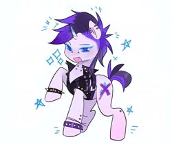 Size: 2048x1724 | Tagged: safe, artist:fluttr3, imported from derpibooru, rarity, pony, unicorn, alternate hairstyle, crossed out cutie mark, cutiemarking, ear piercing, open mouth, piercing, punk, raised hoof, raripunk, simple background, solo, spiked wristband, white background, wristband