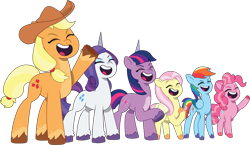 Size: 3097x1801 | Tagged: safe, artist:prixy05, edit, edited screencap, imported from derpibooru, screencap, applejack, fluttershy, pinkie pie, rainbow dash, rarity, twilight sparkle, earth pony, pegasus, pony, unicorn, spoiler:g5, spoiler:my little pony: tell your tale, spoiler:tyts01e62, eyes closed, female, g4, g4 to g5, g5, generation leap, lavarynth, mane six, mare, my little pony: tell your tale, roar, simple background, transparent background, unicorn twilight, vector