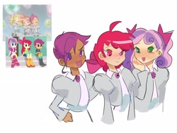 Size: 2048x1538 | Tagged: safe, artist:fluttr3, imported from derpibooru, apple bloom, scootaloo, sweetie belle, human, equestria girls, anime, clothes, crossover, cutie mark crusaders, freckles, open mouth, princess tutu, screencap reference, simple background, smiling, white background