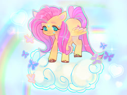 Size: 2047x1535 | Tagged: safe, artist:fluttr3, imported from derpibooru, fluttershy, butterfly, pegasus, pony, cloud, simple background, smiling, solo, sweat, sweatdrop, white background