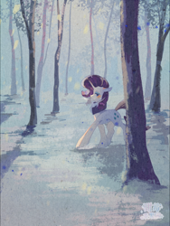 Size: 1620x2160 | Tagged: safe, artist:lendftcn, imported from derpibooru, rarity, pony, unicorn, blushing, breath, female, forest, mare, nature, signature, solo, tree, winter