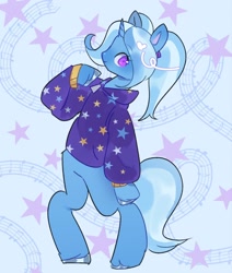 Size: 1734x2048 | Tagged: safe, artist:fluttr3, imported from derpibooru, trixie, pony, unicorn, alternate hairstyle, babysitter trixie, clothes, gameloft, hoodie, simple background, smiling, solo, standing on two hooves, white background