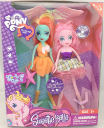 Size: 484x596 | Tagged: safe, imported from derpibooru, rarity (g3), human, pony, unicorn, equestria girls, ages 5+, blatant lies, bootleg, boots, choking hazard, clothes, doll, dress, duo, equestria girls-ified, female, g3, g3 to equestria girls, g4, generation leap, my little baby sweet, my little pony logo, oh god no, photo, shoes, toy, wall eyed