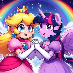 Size: 1024x1024 | Tagged: prompter needed, safe, artist:user15432, imported from derpibooru, twilight sparkle, alicorn, anthro, human, pony, ai content, ai generated, clothes, crown, dress, female, generator:bing image creator, holding hands, jewelry, lesbian, nintendo, princess peach, rainbow, regalia, starry eyes, stars, super mario bros., twilight sparkle (alicorn), wingding eyes