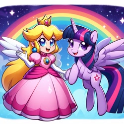 Size: 1024x1024 | Tagged: prompter needed, safe, artist:user15432, imported from derpibooru, twilight sparkle, alicorn, human, pony, ai content, ai generated, alternate cutie mark, clothes, crown, dress, female, flying, generator:bing image creator, horn, jewelry, lesbian, nintendo, princess peach, rainbow, regalia, stars, super mario bros., twilight sparkle (alicorn), white wings, wings