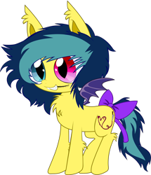 Size: 3052x3556 | Tagged: safe, artist:cactuscruncher, derpibooru exclusive, imported from derpibooru, oc, oc only, oc:chelsea smile, bat pony, pony, undead, vampire, .svg available, bat pony oc, bat wings, blue eyes, blue mane, blue tail, bow, chest fluff, clothes, dyed mane, dyed tail, ear fluff, elbow fluff, emo, fangs, heterochromia, hock fluff, looking forward, messy mane, messy tail, multicolored mane, purple wings, red eyes, sharp teeth, shiny eyes, simple background, slit pupils, small wings, smiling, solo, spread wings, standing, stitches, svg, tail, teeth, transparent background, vector, wings, yellow coat