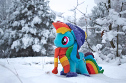 Size: 1280x850 | Tagged: safe, artist:mgrdash, imported from derpibooru, rainbow dash, pegasus, pony, clothes, irl, photo, plushie, ponies in real life, snow, winter, winter outfit