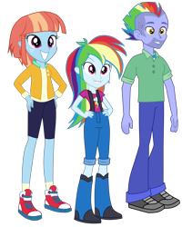 Size: 4000x5000 | Tagged: safe, artist:octosquish7260, imported from derpibooru, bow hothoof, rainbow dash, windy whistles, human, equestria girls, boots, braces, clothes, converse, equestria girls-ified, female, high heel boots, humanized, male, shirt, shoes, skirt, smiling, trio, younger