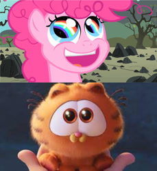 Size: 855x935 | Tagged: safe, artist:mistressphantom13, imported from derpibooru, pinkie pie, cat, pony, the cutie mark chronicles, female, garfield, male, reaction image, younger