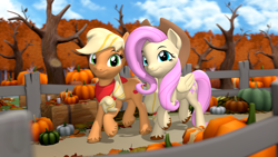 Size: 3840x2160 | Tagged: safe, artist:owlpirate, imported from derpibooru, applejack, fluttershy, earth pony, pegasus, pony, 3d, 4k, accessory swap, applejack's hat, autumn, bandana, cowboy hat, duo, duo female, female, hat, high res, lesbian, mare, pumpkin, ship:appleshy, shipping, smiling, source filmmaker, unshorn fetlocks, walking