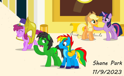 Size: 4246x2611 | Tagged: safe, artist:creedyboy124, imported from derpibooru, applejack, berry punch, berryshine, twilight sparkle, oc, oc:shield wing, oc:star armour, alicorn, earth pony, pegasus, alicorn oc, female, horn, male, mall, musical instrument, tuba, wings