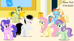 Size: 4273x2389 | Tagged: safe, artist:creedyboy124, imported from derpibooru, applejack, dandy dispatch, fluttershy, rainbow dash, star dancer, violet twirl, oc, oc:shane park, earth pony, pegasus, unicorn, female, friendship student, hug, lesbian, male, mall, mare, ship:appledash, shipping, stallion