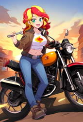 Size: 3328x4864 | Tagged: safe, imported from derpibooru, sunset shimmer, human, ai content, ai generated, belly button, bomber jacket, boots, breasts, busty sunset shimmer, clothes, denim, female, generator:novelai, generator:stable diffusion, happy, jacket, jeans, midriff, motorcycle, pants, prompter:flitter4935, shoes, solo, sunset, wrench