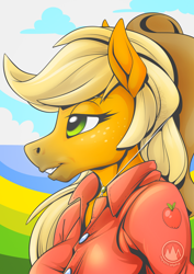 Size: 2170x3070 | Tagged: safe, artist:mysticalpha, imported from derpibooru, applejack, anthro, earth pony, breasts, bust, busty applejack, facial markings, female, g4, grin, high res, hoers, lidded eyes, mare, mealy mouth (coat marking), portrait, profile, smiling, solo