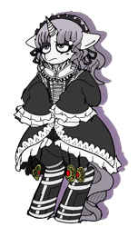 Size: 618x1015 | Tagged: safe, artist:feenadot, imported from derpibooru, oc, oc only, oc:death drive, pony, unicorn, bipedal, blank eyes, charm, clothes, curly hair, dress, eyeshadow, female, female oc, g4, goth, lolita fashion, makeup, mare, margaret moonlight, no more heroes, simple background, solo, standing on two hooves