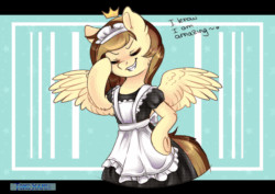 Size: 1200x849 | Tagged: safe, artist:tokokami, imported from derpibooru, oc, oc:prince whateverer, pegasus, pony, semi-anthro, :<, ><, animated, baka, bipedal, blushing, clothes, crown, eyes closed, hooves behind back, jewelry, maid, maid headdress, male, regalia, solo, underhoof