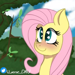 Size: 2048x2048 | Tagged: safe, artist:juniverse, imported from derpibooru, fluttershy, queen chrysalis, insect, pegasus, pony, blue sky, blushing, colored, cute, cutie mark eyes, exploitable meme, female, forest, leaf, meme, nature, nature is so fascinating, obligatory pony, plant, pupa, shyabetes, smiling, solo, tree, wingding eyes