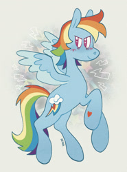 Size: 1398x1885 | Tagged: safe, artist:beyhr, imported from derpibooru, rainbow dash, pegasus, pony, female, gray background, heart, mare, narrowed eyes, signature, simple background, smiling, smirk, solo, spread wings, wings