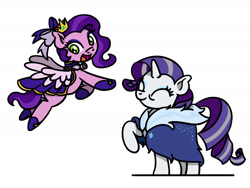 Size: 1800x1350 | Tagged: safe, artist:flutterluv, imported from derpibooru, pipp petals, rarity, pegasus, pony, unicorn, cloak, clothes, dress, duo, eyes closed, female, flying, g5, looking back, mare, older, older rarity, open mouth, open smile, pipp and her heroine, raised hoof, simple background, smiling, white background