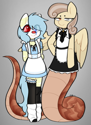 Size: 1171x1605 | Tagged: safe, alternate version, artist:circusartt, imported from derpibooru, oc, oc only, oc:cirsis, oc:peach blossom, anthro, earth pony, lamia, original species, arm behind back, clothes, digital art, duo, duo female, female, glass eye, hair over one eye, heterochromia, hoof on hip, maid, mare, socks, stockings, thigh highs, wings